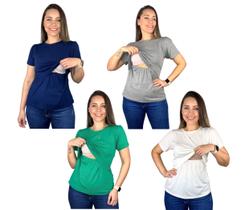 Kit 4 Blusas Amamentação Diversas Cores Premium T-shirt Gestante Amamentar Manga Curta