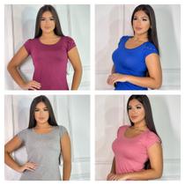 kit 4 Blusas feminina básica t-shirt detalhe na manga