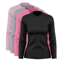 Kit 4 Blusas Feminina Dry Academia Camiseta Segunda Pele Manga Longa Proteção Solar UV