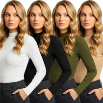 Kit 4 Blusas Feminina Manga Longa Gola Alta Cacharrel Canelada Premium Inverno Casual Elegante