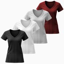 Kit 4 Blusas Femininas Camiseta Basica Algodão Gola V Manga Curta Fafenix