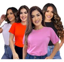 Kit 4 Blusas Femininas Tshirts 100% Algodão Baby Look