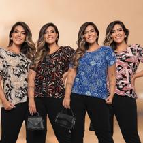 Kit 4 Blusas Plus Size Estampada Versátil Casual Manga Curta Liganete Estampa Sortida Kit 4 Blusas Plus Size Estampada Versátil Casual Manga Curta Liganete Estampa Sortida
