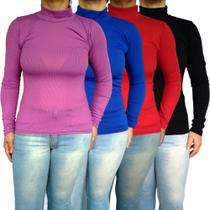 Kit 4 Blusinhas Femininas Gola Alta Manga Longa Justas Lisas Cores Sortidas Canelado Pp ao Plus Size