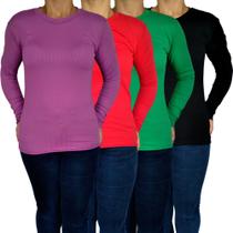 Kit 4 Blusinhas Femininas Gola Alta Manga Longa Justas Lisas Cores Sortidas Canelado Pp ao Plus Size