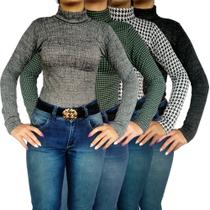Kit 4 Blusinhas Femininas Gola Cacharrel Manga Longa Justas Peças Sortidas Jacquard Pp ao Plus Size