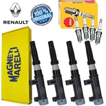 Kit 4 Bobina + 4 Velas de Ignição Clio Logan Sandero 1.6 16v