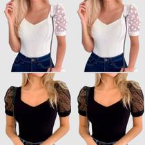 Kit 4 Body Blusa Feminina Manga Curta Bufante Tule Poa Luxo Lançamento dias Das Mães 2025