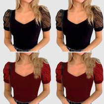 Kit 4 Body Blusa Feminina Manga Curta Bufante Tule Poa Luxo Lançamento dias Das Mães 2025