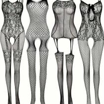 Kit 4 Bodystockings Sensuais Plus Size Body com Abertura Meia Arrastão ElaShopp Kit 4 Bodystockings Sensuais Plus Size Body com Abertura Meia Arrastão ElaShopp