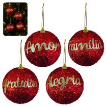 KIT 4 Bolas Vermelhas Decoração Natalina 8cm com Glitter e Palavras Inspiradoras Arvore de natal KIT 4 Bolas Vermelhas Decoração Natalina 8cm com Glitter e Palavras Inspiradoras Arvore de natal