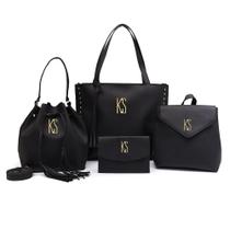 Kit 4 Bolsas Feminina Sacola Transversal Tira Colo Carteira Couro Cor:PretoTamanho:Único