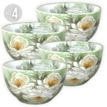 KIT 4 Bowls Tigela Japonesa Cumbuca de Porcelana Açai 500 ml Pintada à Mão ROSAS BRANCA