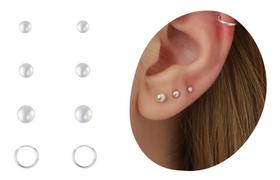 Kit 4 Brincos Trio Bolinha Femininos Argolinha 2 Furo Prata