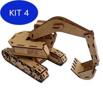 Kit 4 Brinquedo Quebra Cabeça 3D Escavadeira Mdf