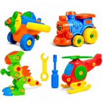 Kit 4 Brinquedos Didáticos de Montar Dinossauro Helicóptero Trem e Avião Kit 4 Brinquedos Didáticos de Montar Dinossauro Helicóptero Trem e Avião