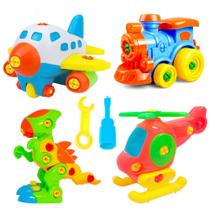 Kit 4 Brinquedos Didáticos Educativos de Montar Dinossauro Helicóptero Trem e Avião