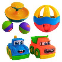 Kit 4 brinquedos educativos interativos - pião gira ball chocalho com barulhinho e 2 carrinhos happy cars