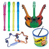 Kit 4 Brinquedos Kit Musical Bumbo Violão Pandeiro Estrela Flauta Infantil