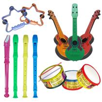 Kit 4 brinquedos kit musical flauta,pandeirinho estrela,tamborzinho,violão
