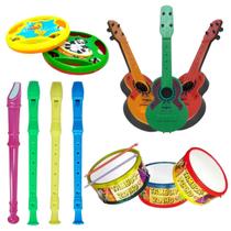 Kit 4 brinquedos kit musical flauta, pandeirola, tamborzinho, violão