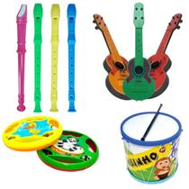 Kit 4 Brinquedos Musical Bumbo Violão Pandeirola Flauta Infantil Instrumento Infantil Educacional