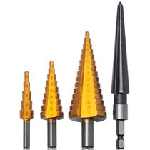 Kit 4 Brocas Escalonadas Titânio Espiral Cônica Ferro Com Estojo