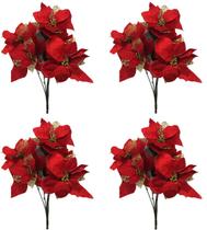 Kit 4 Buquê Natal Bico de Papagaio Vermelho Camurça e Dourado 5 Flores 47cm - Master Christmas