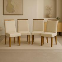 Kit 4 Cadeira de Jantar Emily Estofada Linho Bege Pé de Madeira Castanho
