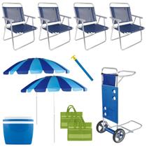 Kit 4 Cadeira Praia Carrinho 2 Guarda Sol Cooler Esteira Mor