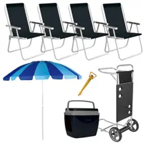 Kit 4 Cadeira Praia Carrinho Guarda Sol 220cm Cooler 18L Mor Kit 4 Cadeira Praia Carrinho Guarda Sol 220cm Cooler 18L Mor