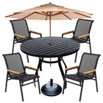 Kit 4 Cadeiras Alumínio + 1 Mesa Ripada ø120cm Com Guarda Sol Piscina Jardim Preto Kit 4 Cadeiras Alumínio + 1 Mesa Ripada ø120cm Com Guarda Sol Piscina Jardim Preto