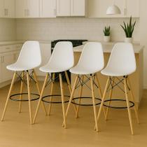 Kit 4 Cadeiras Banquetas Alta Com Encosto Para Cozinha Americana Bar Balcão Bancada Bistro Area Goumert Fixa Charles Eames Eiffel Base Madeira