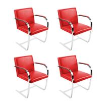 Kit 4 Cadeiras Brno Escritório Sintético Vermelho Barra Chata Cromada