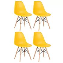 Kit 4 Cadeiras Charles Eames Eiffel Amarela Base Madeira Sala Cozinha Jantar