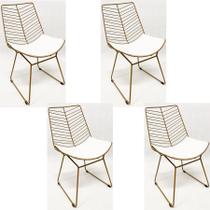 Kit 4 Cadeiras Cozinha Bertoia Retrô cor Dourado fosco assento branco - Poltronas do Sul