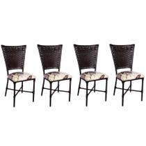 Kit 4 Cadeiras de Cozinha em Junco Argila e Assento Floral Marrom Fortmix