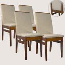 Kit 4 Cadeiras de Jantar Cozinha Estofada Tecido Linho Base Madeira Eucalipto Maciça Modelo Veneza