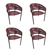 Kit 4 Cadeiras de Jantar em Corda Náutica Vermelho Bordô Base Aluminio Preto Sol Linha Plus