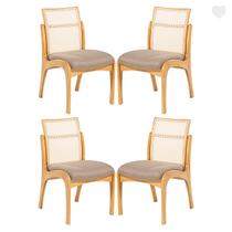 Kit 4 Cadeiras de Jantar em Madeira Lisboa Encosto Rattan Estofada Linho Marrom Claro L87 RMI Kit 4 Cadeiras de Jantar em Madeira Lisboa Encosto Rattan Estofada Linho Marrom Claro L87 RMI