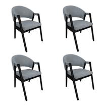 Kit 4 Cadeiras de Jantar Estofadas Helen Linho Cinza Madeira Eucalipto Tratado Preto Sala Luxo