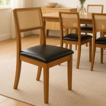 Kit 4 Cadeiras de Jantar Palha Estofadas Couro Pu Preto Tela Sextavada Rubi Madeira Maciça Mel