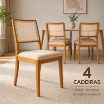 Kit 4 Cadeiras de Jantar Palha Estofadas Veludo Bege Encosto Tela Sextavada Rubi Madeira Maciça Mel
