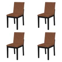 Kit 4 Cadeiras de Jantar Pérola Estofado Liso Tecido Sintético Caramelo Base Madeira Maciça Preto