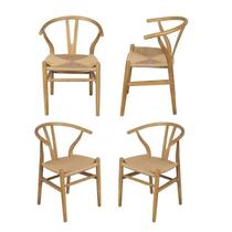 Kit 4 Cadeiras de Jantar Wishbone em Madeira com Assento Rattan Bege Kit 4 Cadeiras de Jantar Wishbone em Madeira com Assento Rattan Bege