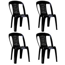 Kit 4 Cadeiras de Plástico Preta Com Encosto Vime Empilhável