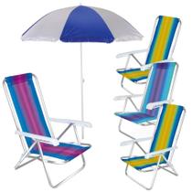 Kit 4 Cadeiras de Praia Aluminio 4 Posicoes + Guarda-sol Mor Mor e Lazer
