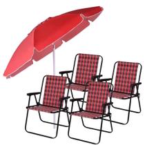 Kit 4 Cadeiras de Praia Xadrez + Guarda Sol 2 M de Bagum/ Aluminio Manivela