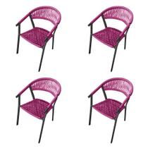 Kit 4 Cadeiras Decorativa Joana em Corda Náutica e Base em Alumínio Preta /rosa