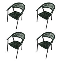 Kit 4 Cadeiras Decorativa Joana em Corda Náutica e Base em Alumínio Preta /verde Musgo
